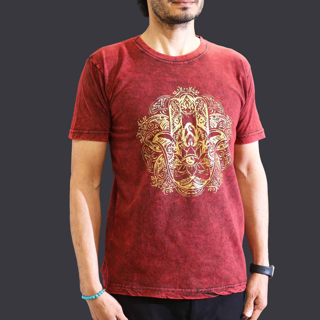 Nomad Sari Stonewashed Cotton T-Shirt – Hamsa – Maroon – Medium
