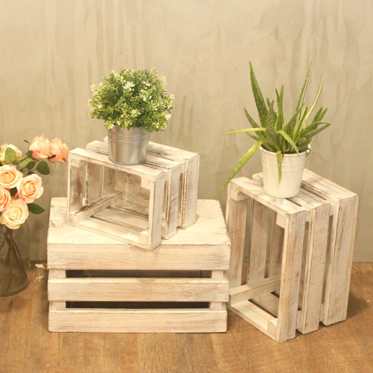 Wooden Storage Crates – Whitewash (Set of 3)