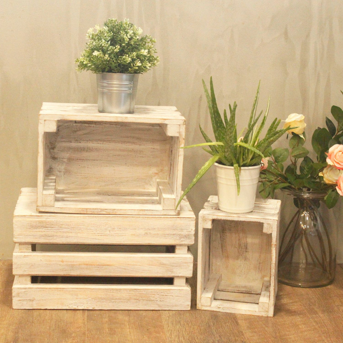 Wooden Storage Crates – Whitewash (Set of 3)