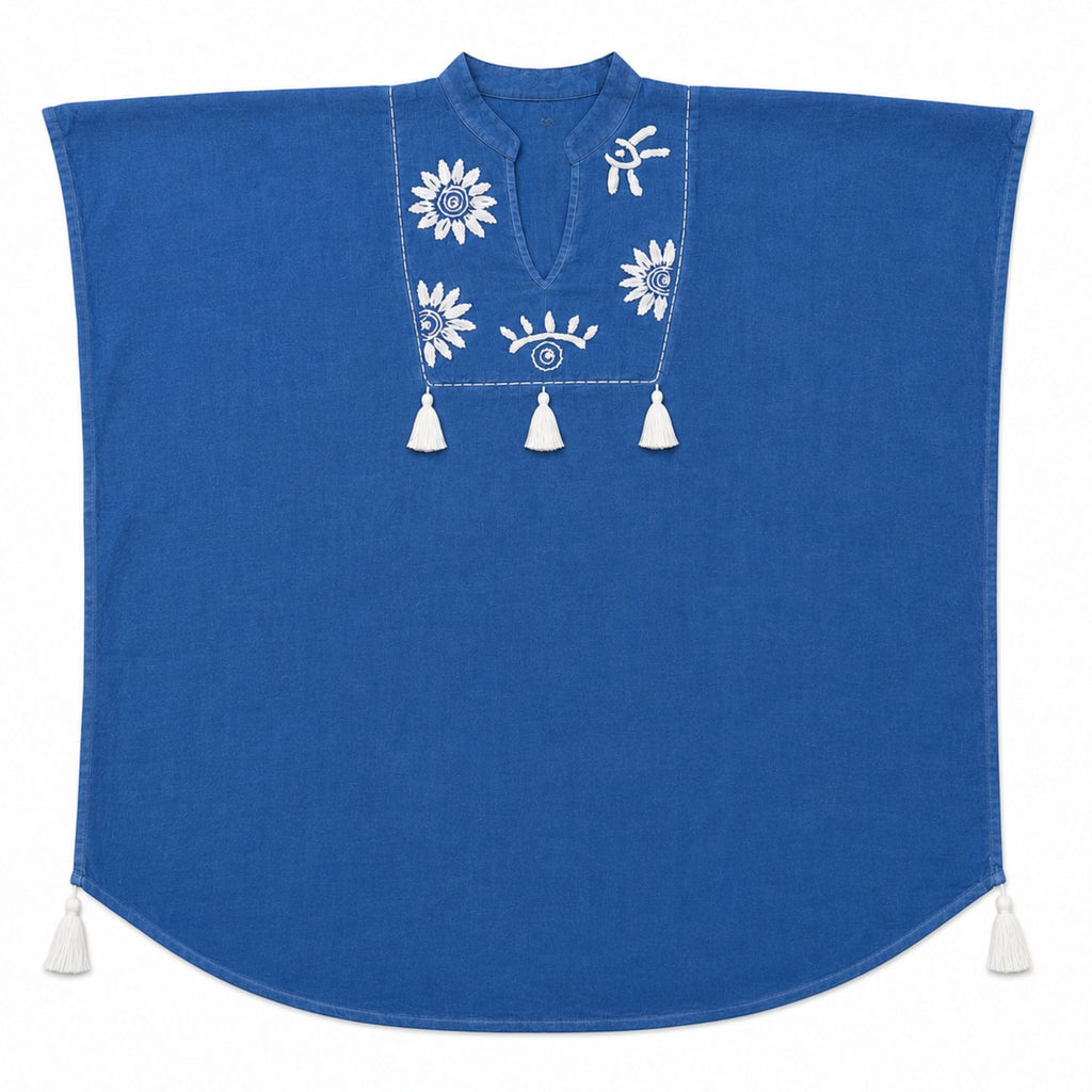 Nomad Sari On the Med Collection - Kaftan - Blue with Cream Embroidery and Tassels