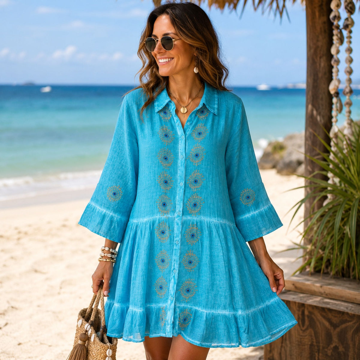 Nomad Sari On the Med Collection - Tunic Dress - Turquoise with Evil Eye Block Print (L-XL)
