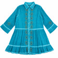 Nomad Sari On the Med Collection - Tunic Dress - Turquoise with Evil Eye Block Print (L-XL)