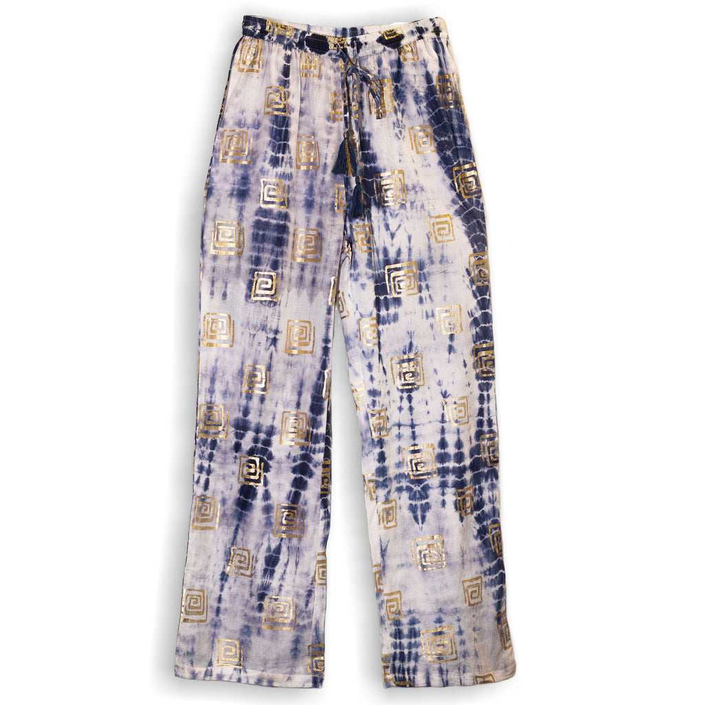 Nomad Sari Lounge Pants (L/XL) – Blue Tie-Dye with Gold Greek Motif