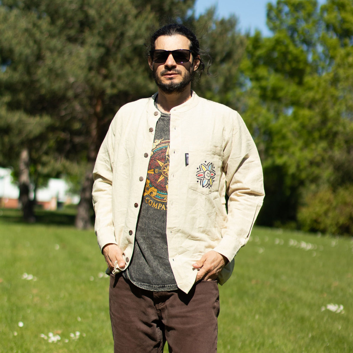 Nomad Sari Stonewashed Cotton T-Shirt - Compass of Life - Charcoal - Large