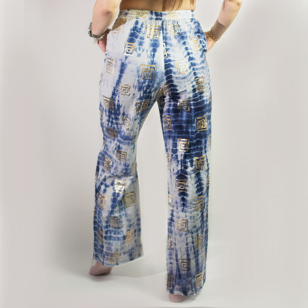 Nomad Sari Lounge Pants (L/XL) – Blue Tie-Dye with Gold Greek Motif