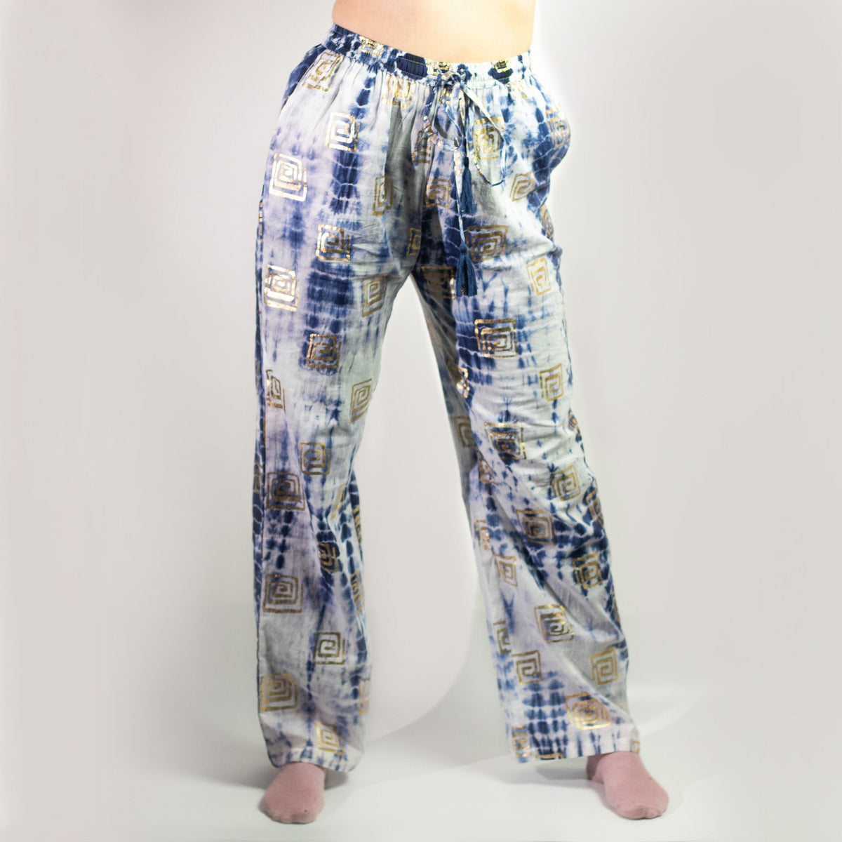 Nomad Sari Lounge Pants (L/XL) – Blue Tie-Dye with Gold Greek Motif