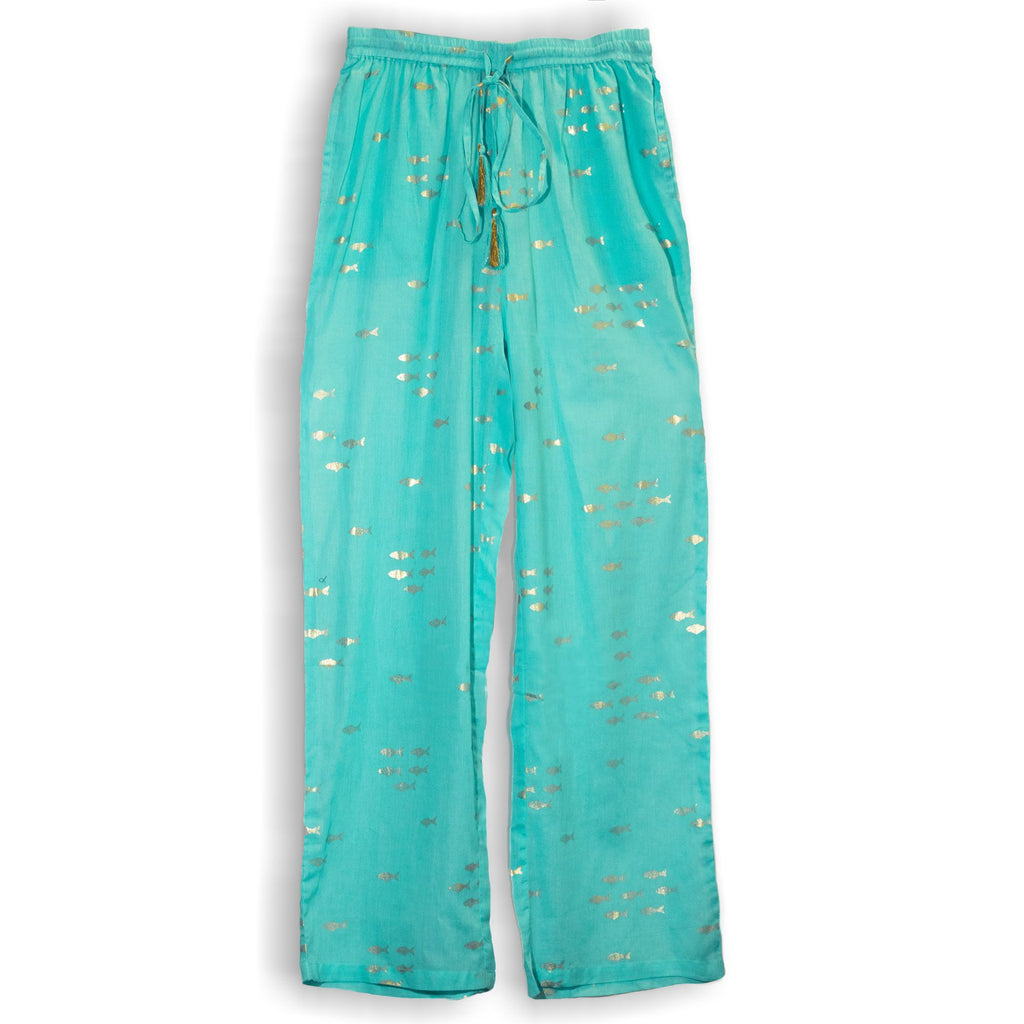Nomad Sari Lounge Pants (L/XL) – Turquoise with Hand-Painted Gold Fish Design