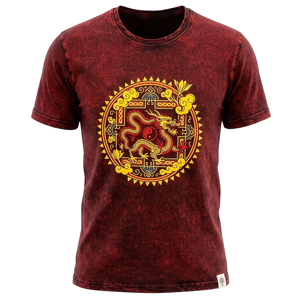 Nomad Sari Stonewashed Cotton T-Shirt - Dragon Mandala - Maroon - XL