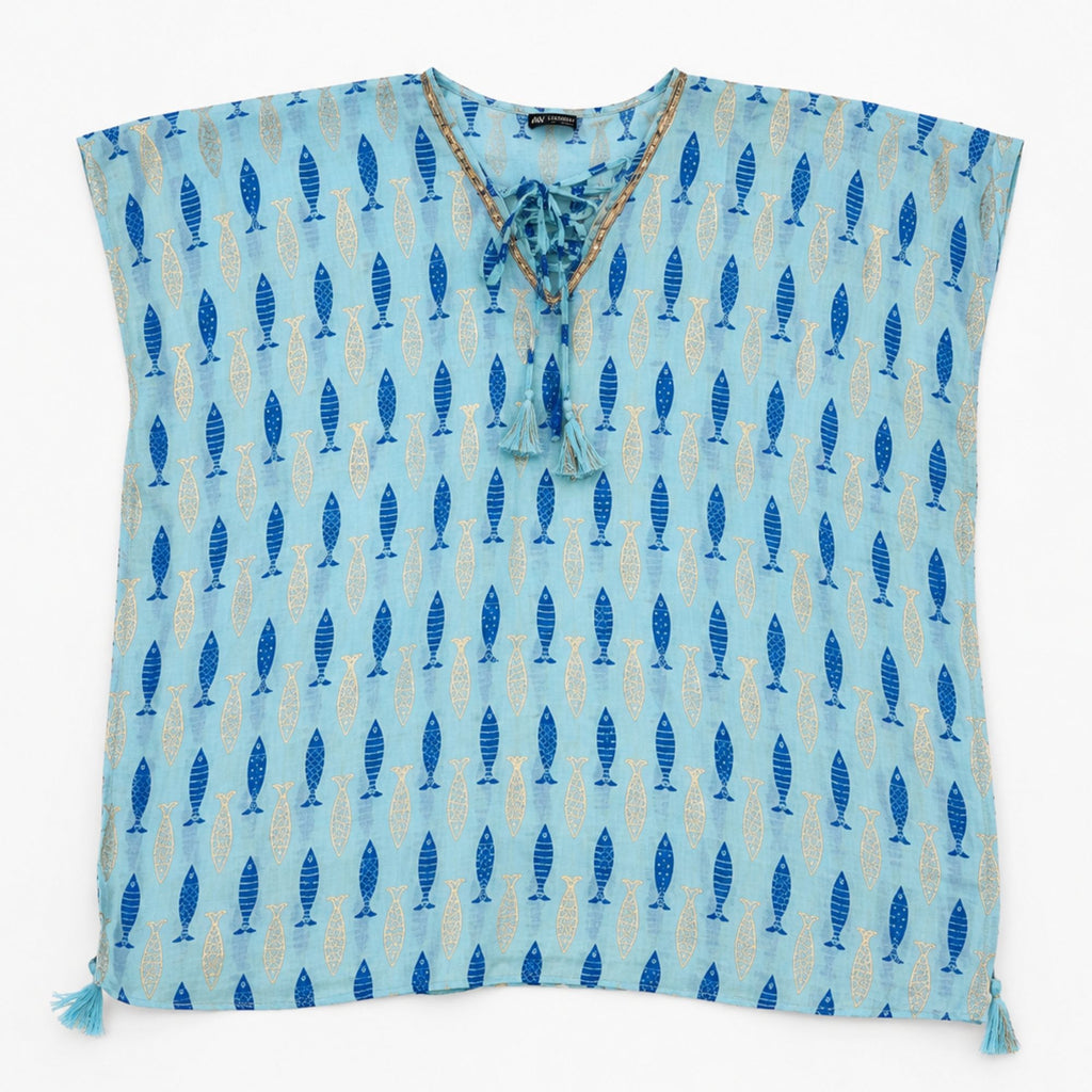 Nomad Sari On the Med Collection - Kaftan - Turquoise & Blue Bold Fish Print