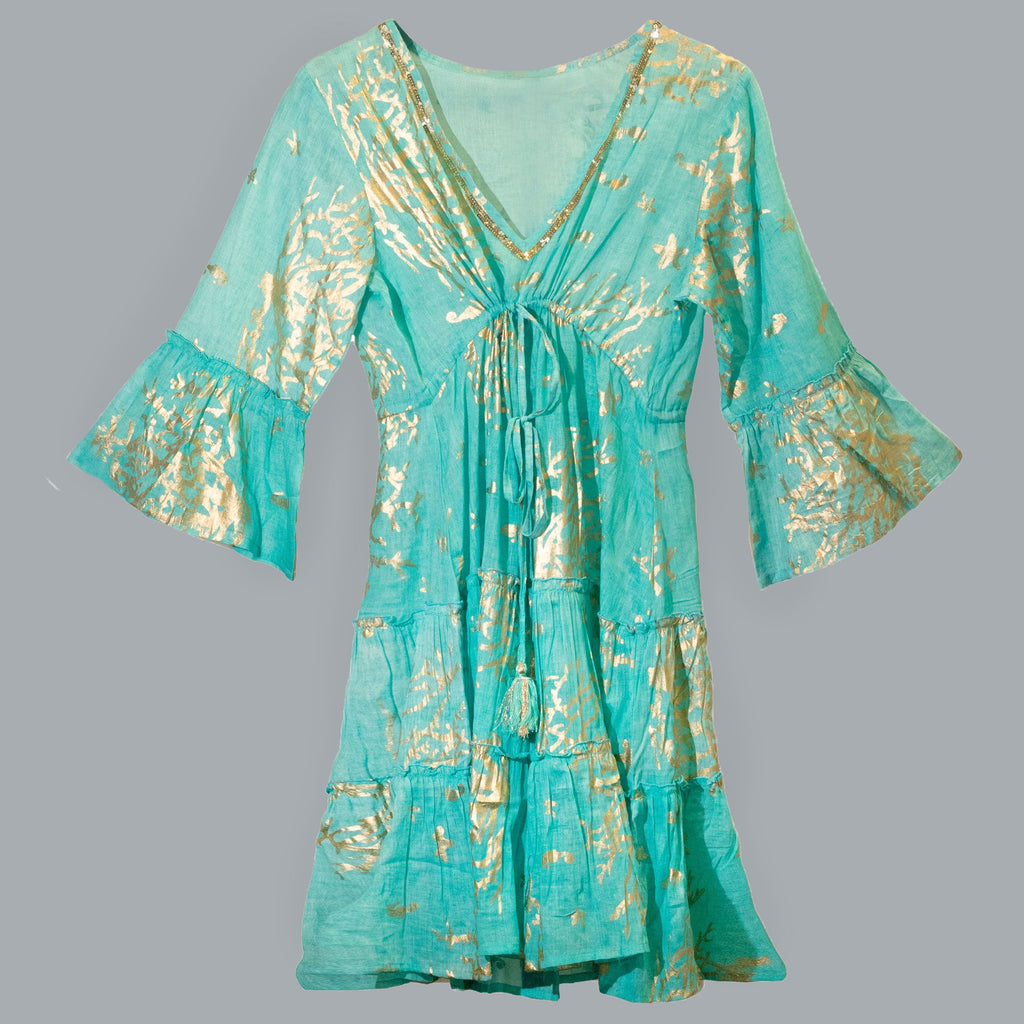 Nomad Sari Turquoise & Gold Coral Print Dress (L/XL)