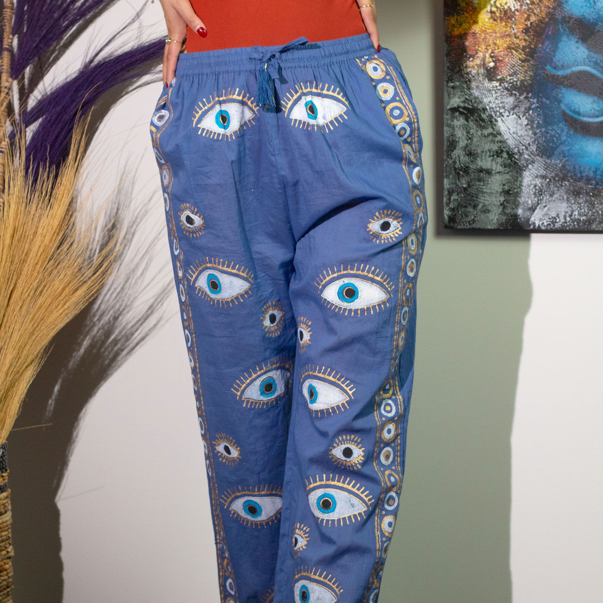 Nomad Sari Lounge Pants (M/L) – Rich Blue with Hand-Painted Gold Evil Eye Design