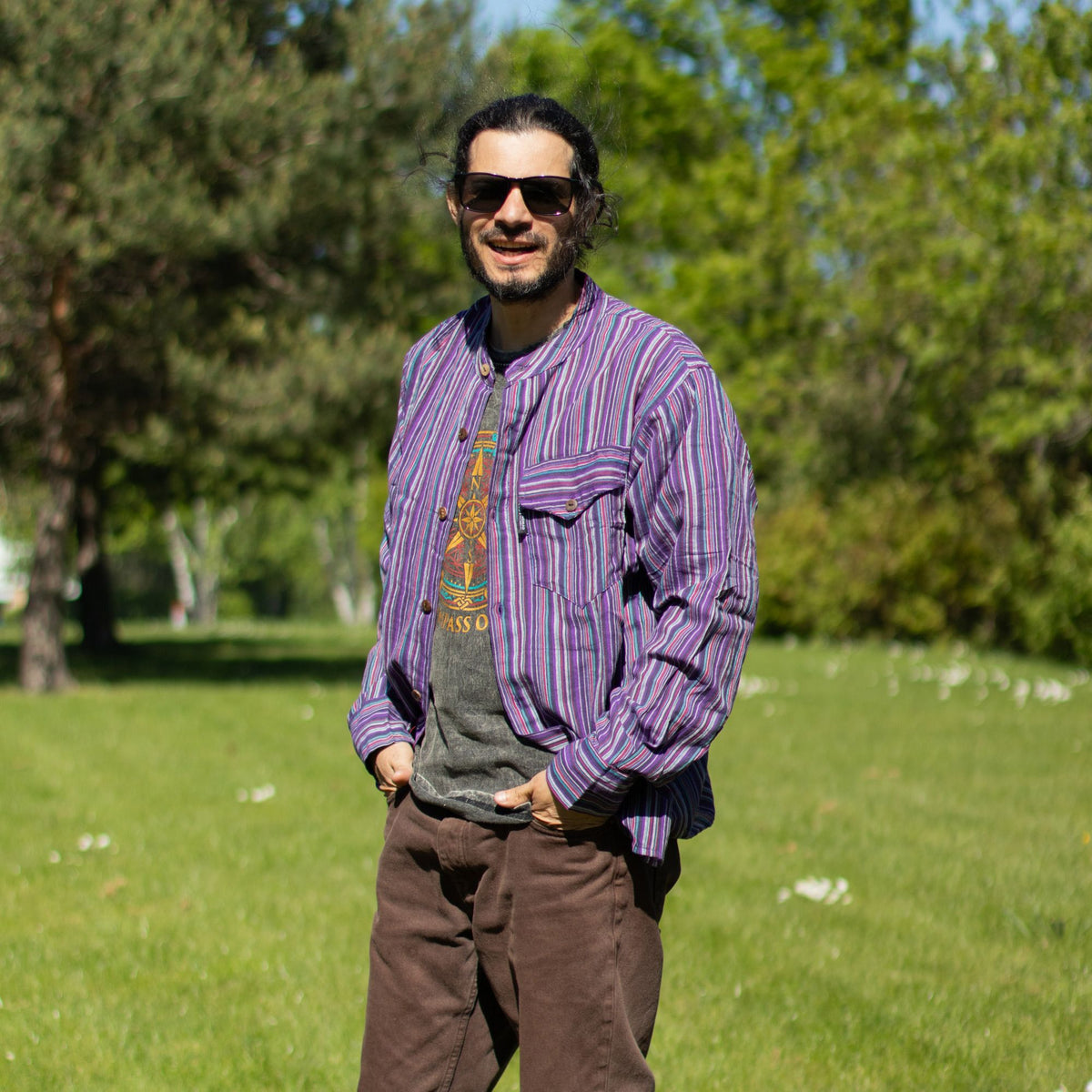 Nomad Sari Grandad Shirt - Black Purple - XL