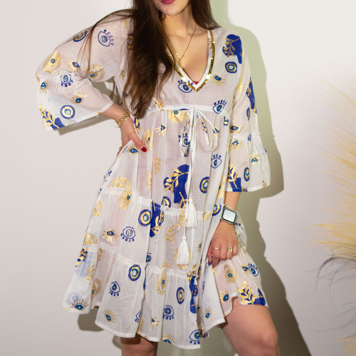 Nomad Sari Evil Eye Dress – White, Blue & Gold – Size L/XL
