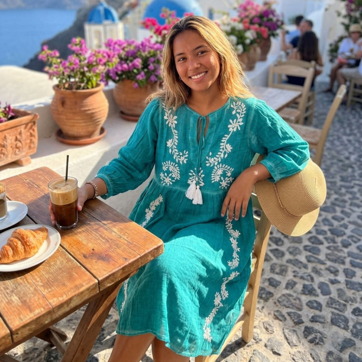 Nomad Sari On the Med Collection - Dress -  Turquoise with Embroidery & Tassel (L-XL)