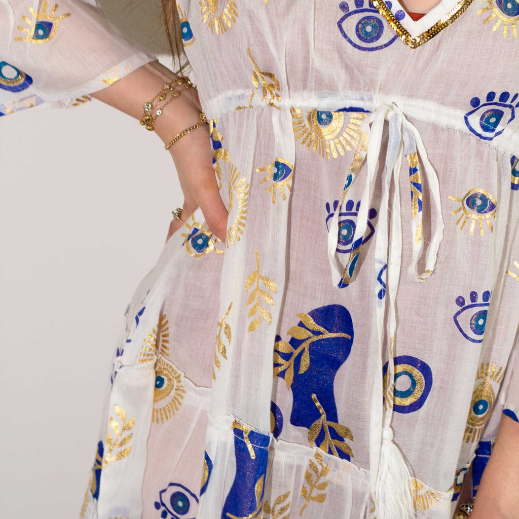 Nomad Sari Evil Eye Dress – White, Blue & Gold – Size L/XL