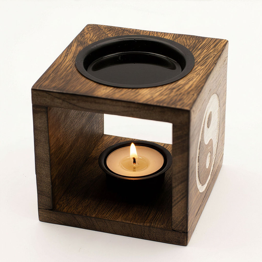 Square Mango Wood Oil Burner  - Yin Yang