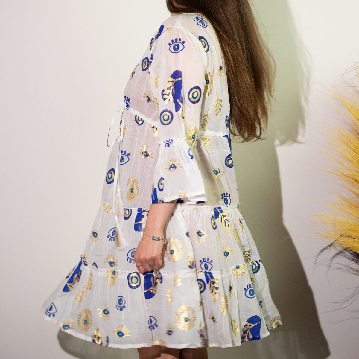 Nomad Sari Evil Eye Dress – White, Blue & Gold – Size M/L