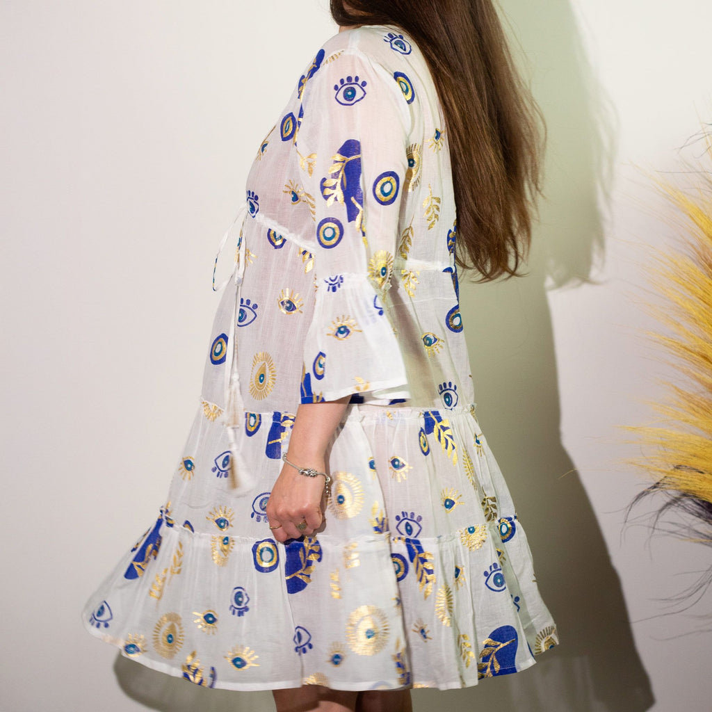 Nomad Sari Evil Eye Dress – White, Blue & Gold – Size L/XL