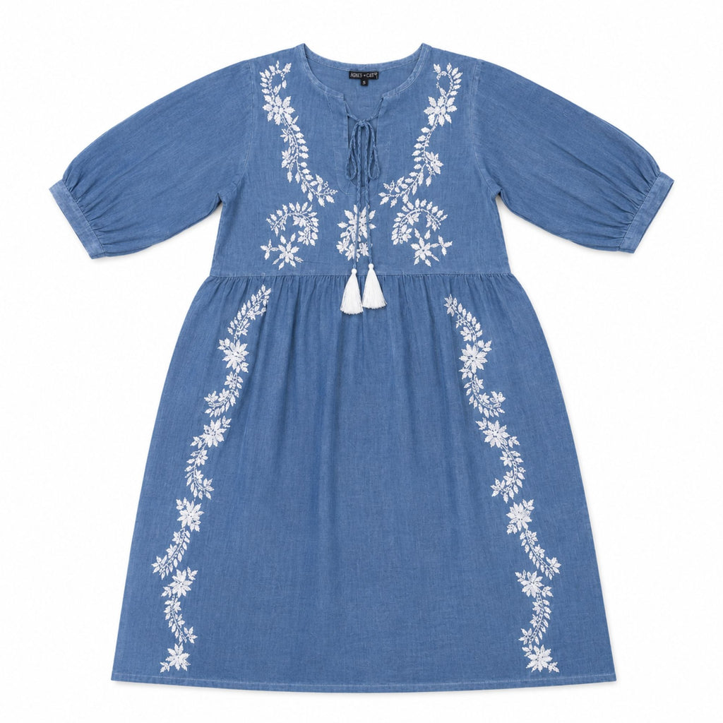 Nomad Sari On the Med Collection - Dress - Dusky Blue with Embroidery & Tassels (M-L)
