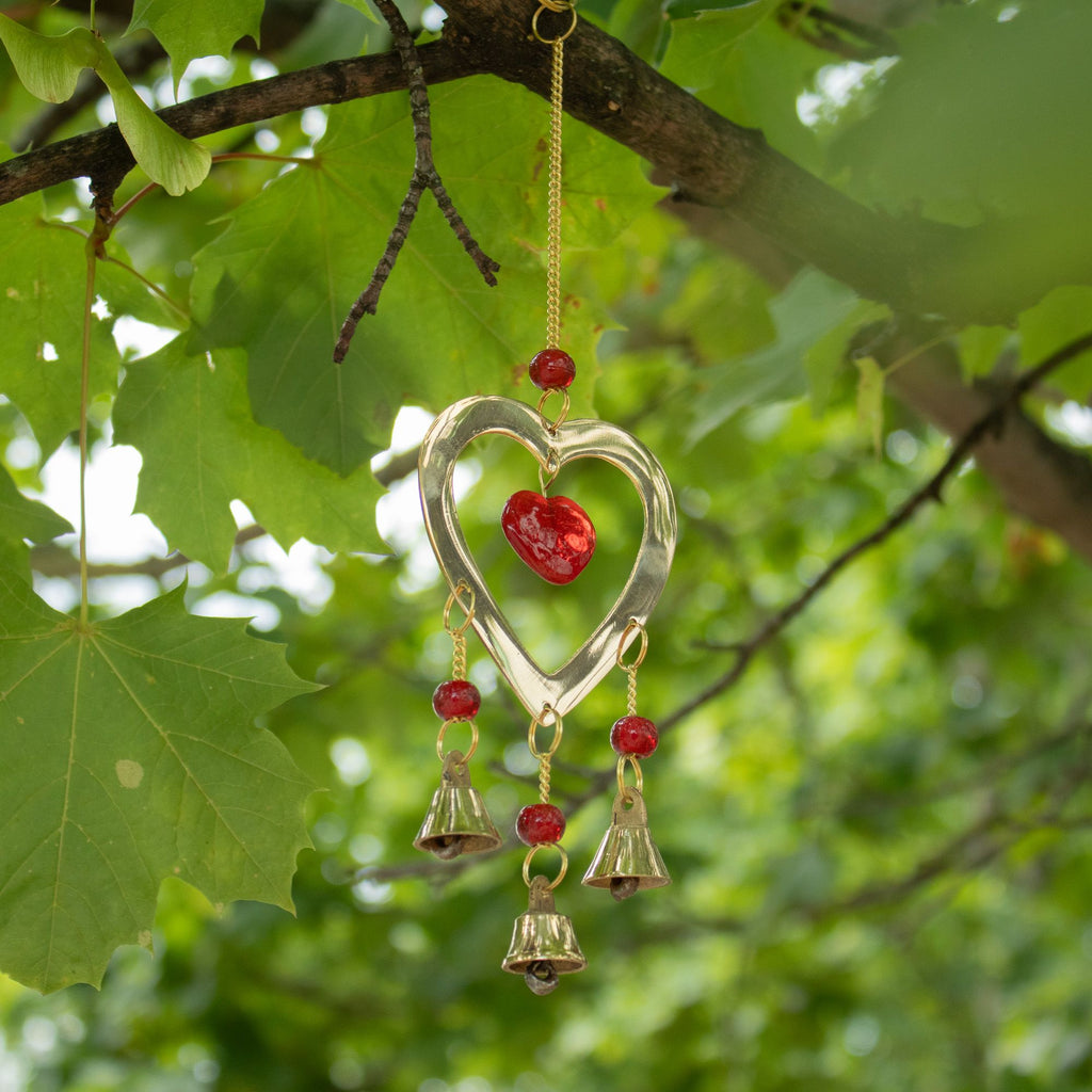 Indian Chimes - Brass With Ruby Glass Heart Beads - 3 Bells