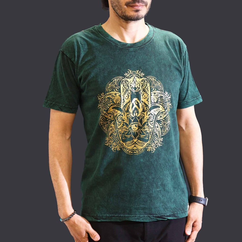 Nomad Sari Stonewashed Cotton T-Shirt – Hamsa – Green – Medium