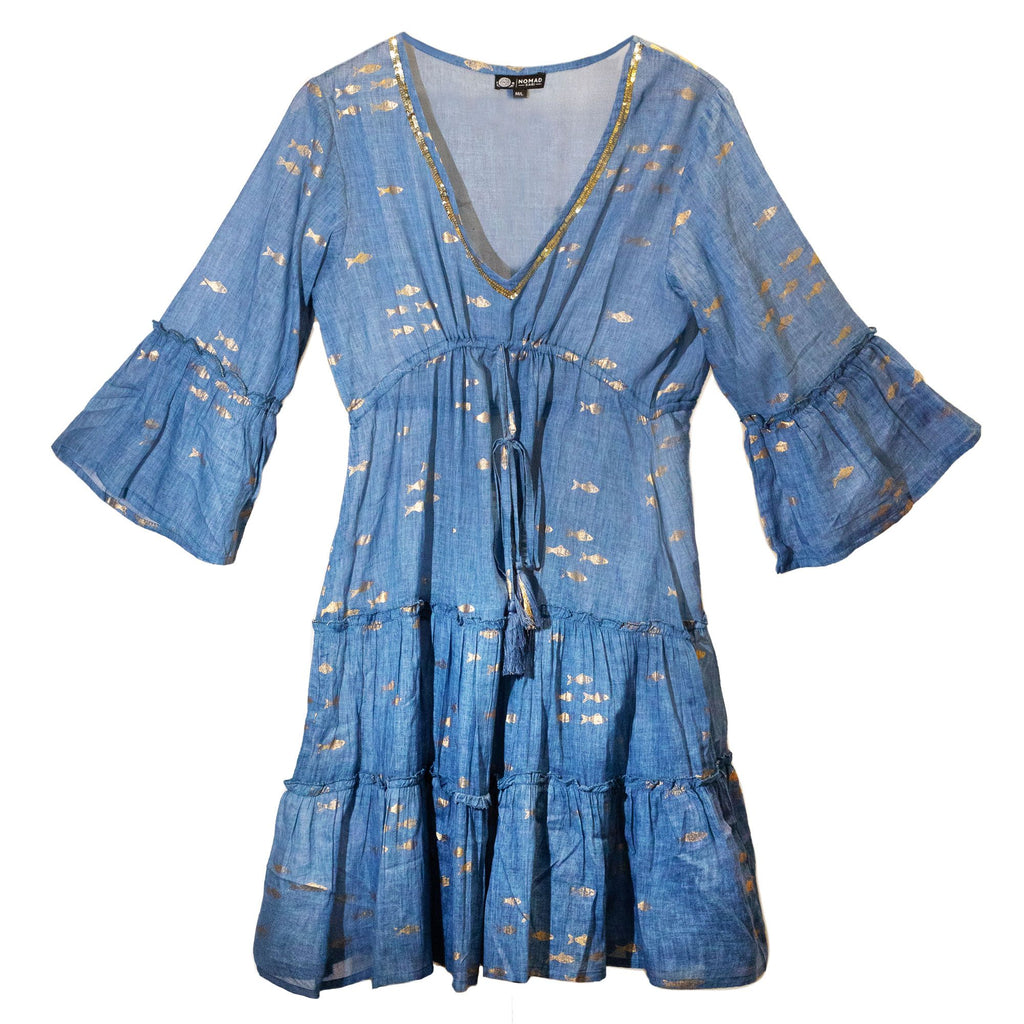 Nomad Sari Sea Blue & Gold Fish Print Dress (L/XL)