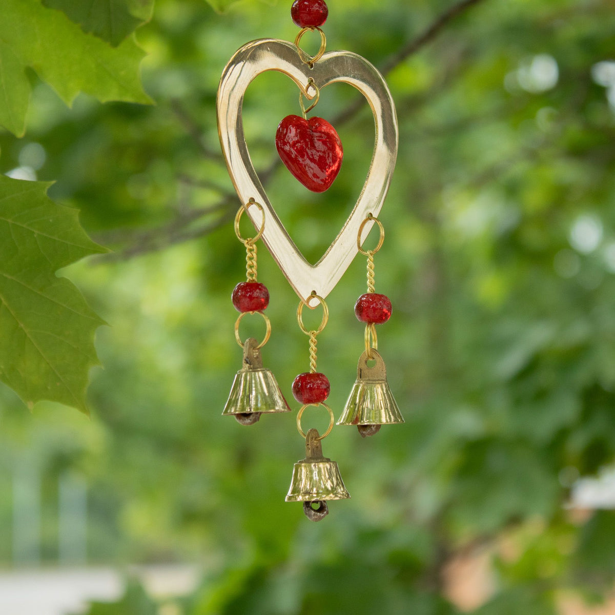 Indian Chimes - Brass With Ruby Glass Heart Beads - 3 Bells