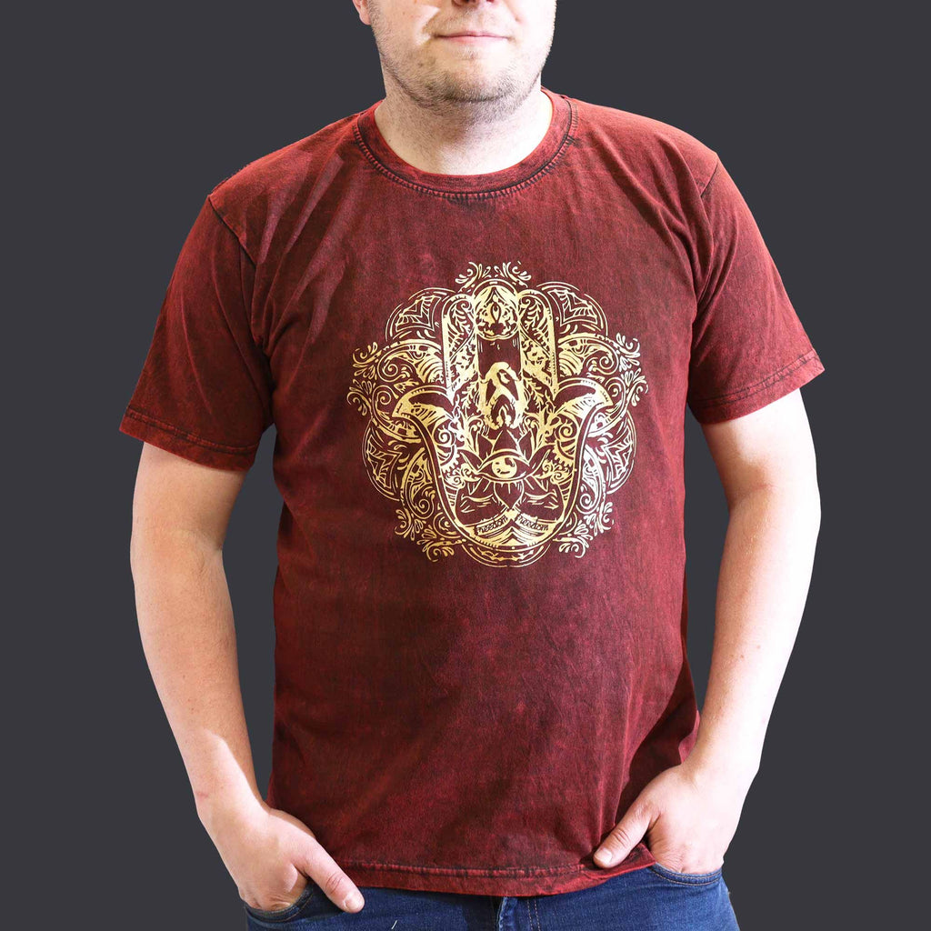 Nomad Sari Stonewashed Cotton T-Shirt – Hamsa – Maroon – XL