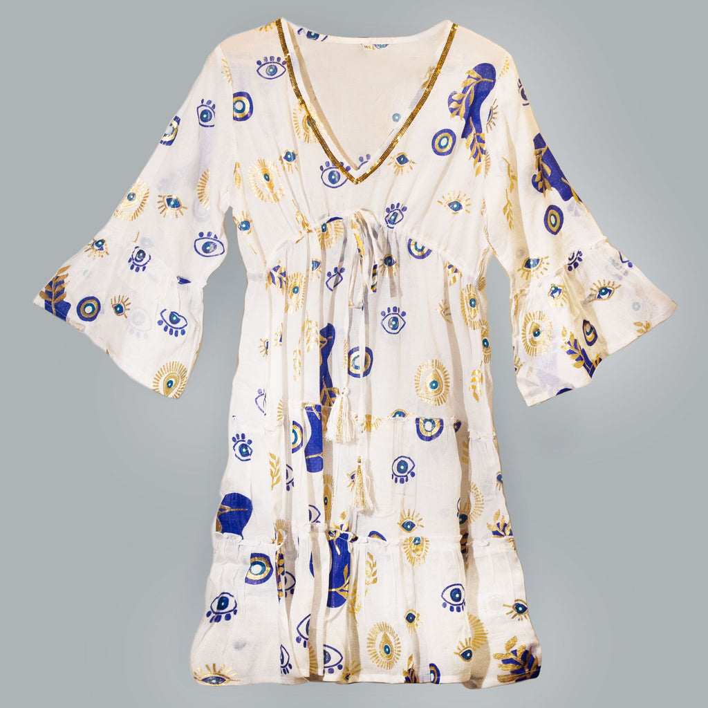 Nomad Sari Evil Eye Dress – White, Blue & Gold – Size M/L