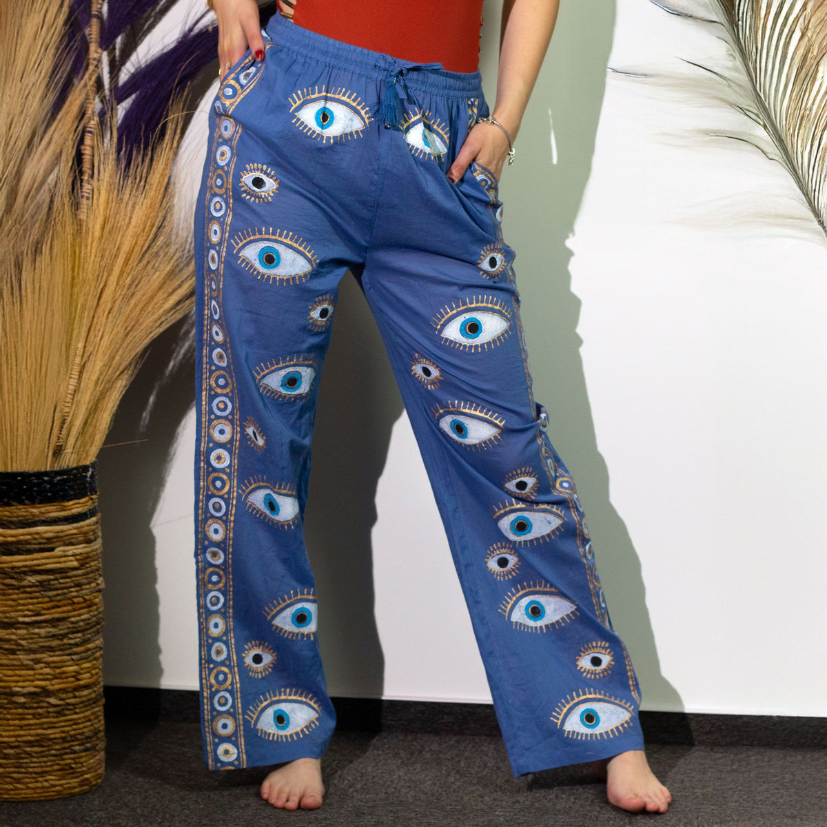 Nomad Sari Lounge Pants (L/XL) – Rich Blue with Hand-Painted Gold Evil Eye Design