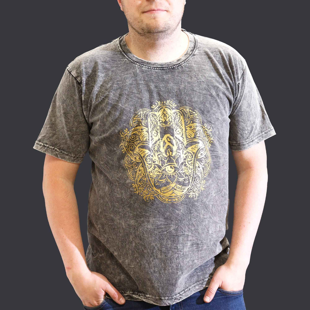 Nomad Sari Stonewashed Cotton T-Shirt – Hamsa – Dark Grey – XL