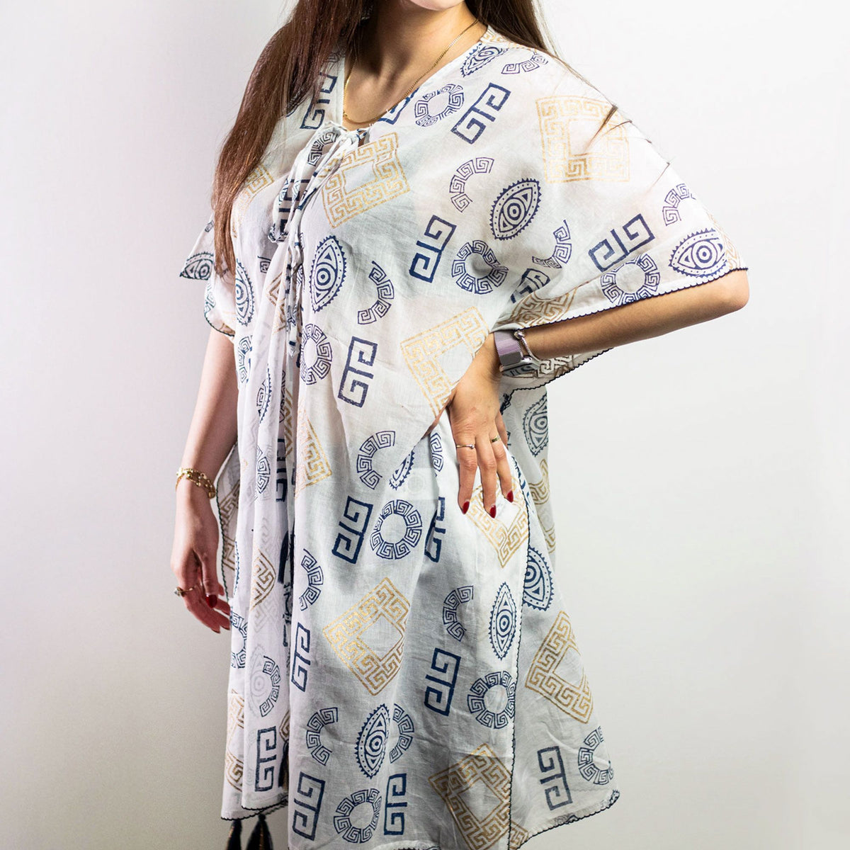 Nomad Sari Kaftan – Blue & Gold Greek Motif Print