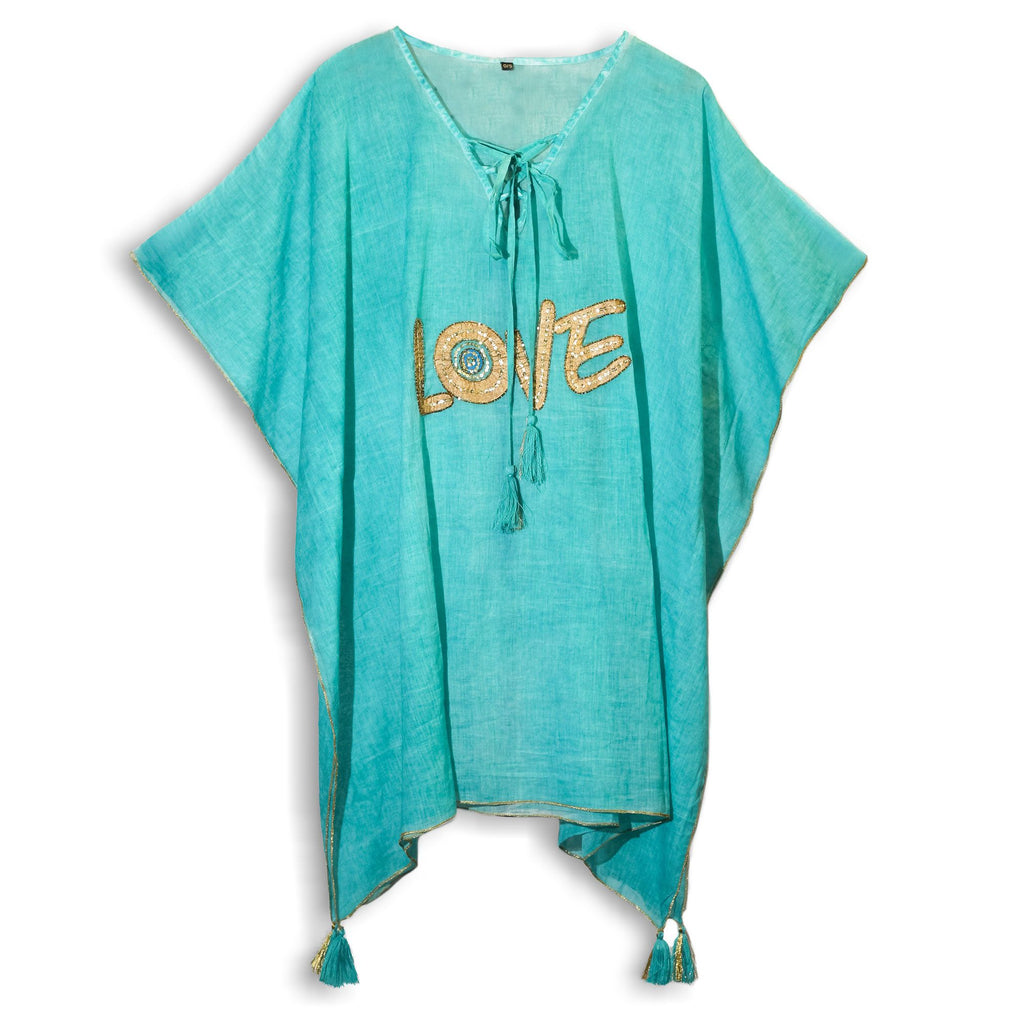 Nomad Sari Kaftan – Turquoise & Gold LOVE Motif