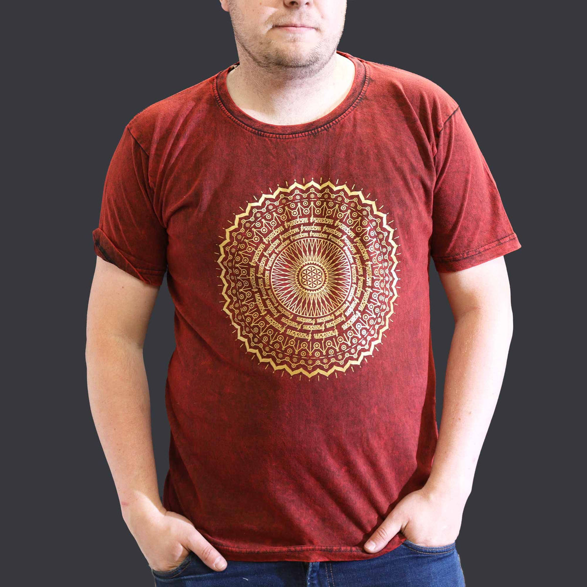 Nomad Sari Stonewashed Cotton T-Shirt – Mandala – Maroon – XL