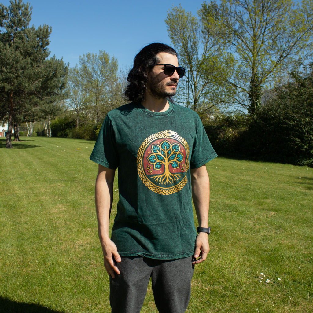 Nomad Sari Stonewashed Cotton T-Shirt - Tree of Life - Green - Small
