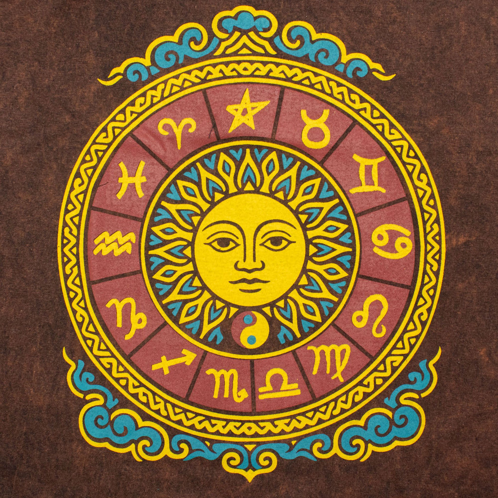 Nomad Sari Stonewashed Cotton T-Shirt - Sun & Zodiac - Brown - Large