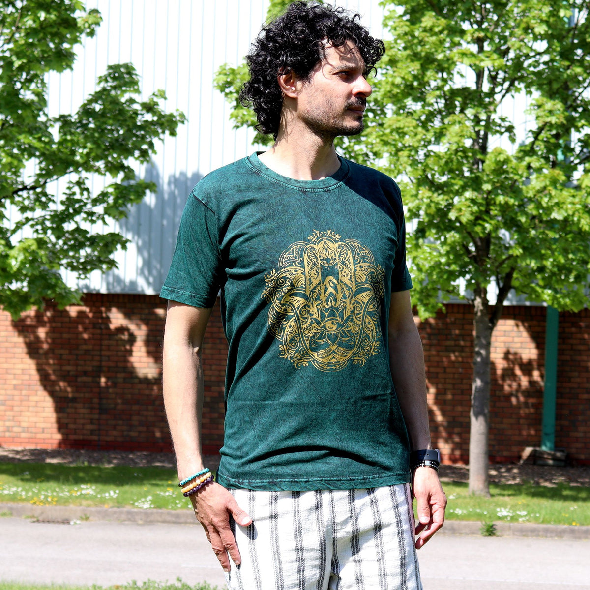 Nomad Sari Stonewashed Cotton T-Shirt – Hamsa – Green – Small