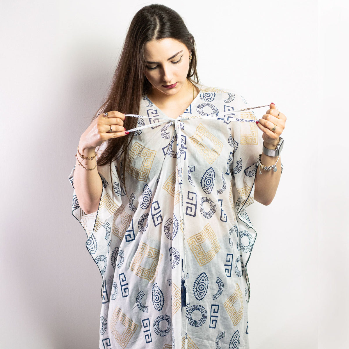 Nomad Sari Kaftan – Blue & Gold Greek Motif Print
