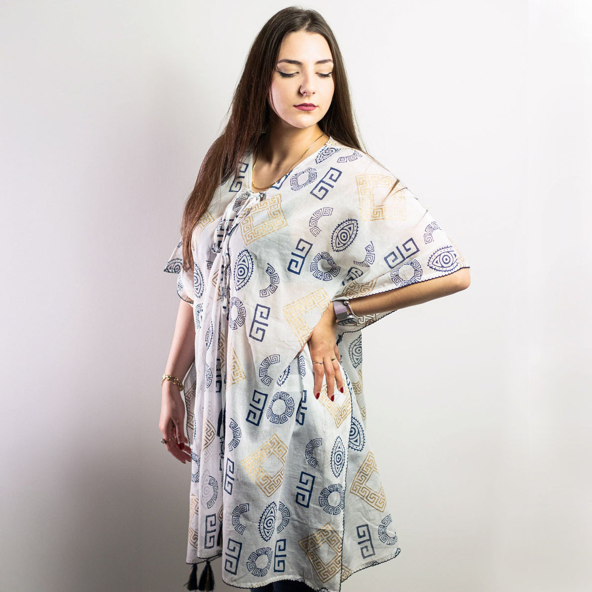 Nomad Sari Kaftan – Blue & Gold Greek Motif Print