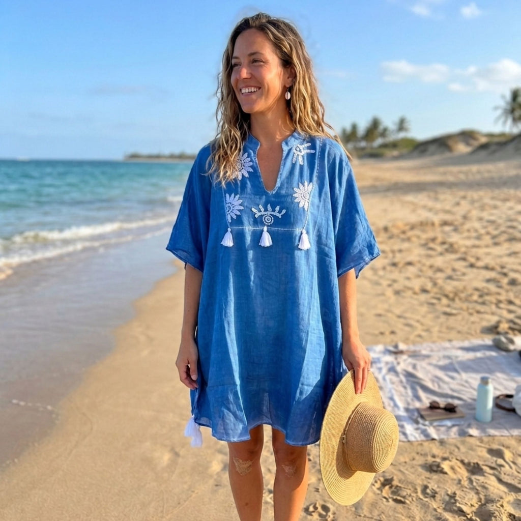 Nomad Sari On the Med Collection - Kaftan - Blue with Cream Embroidery and Tassels