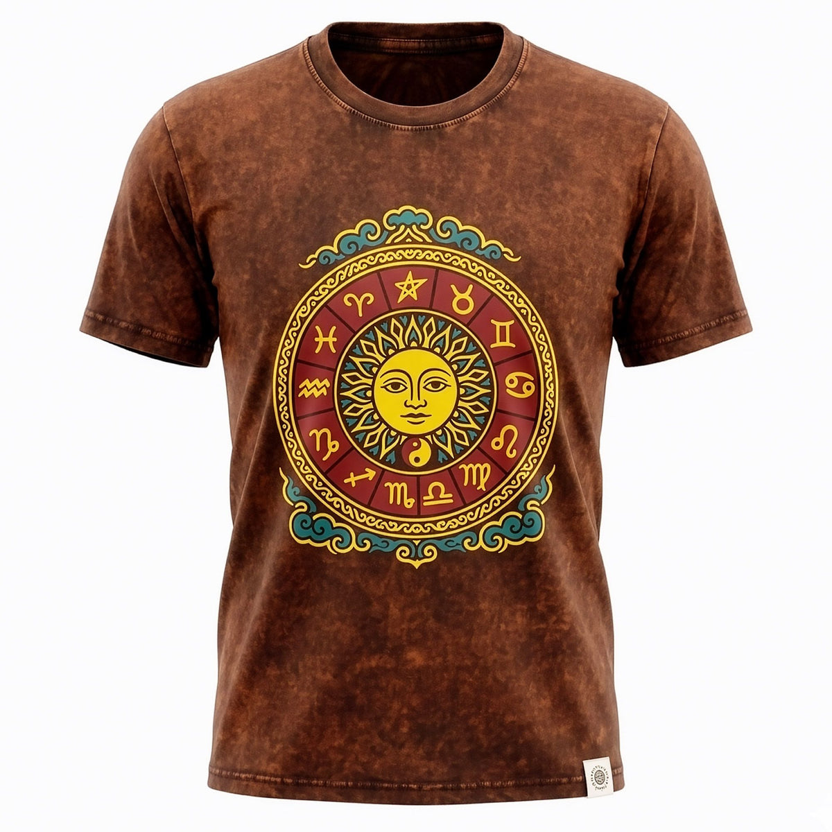 Nomad Sari Stonewashed Cotton T-Shirt - Sun & Zodiac - Brown - XL