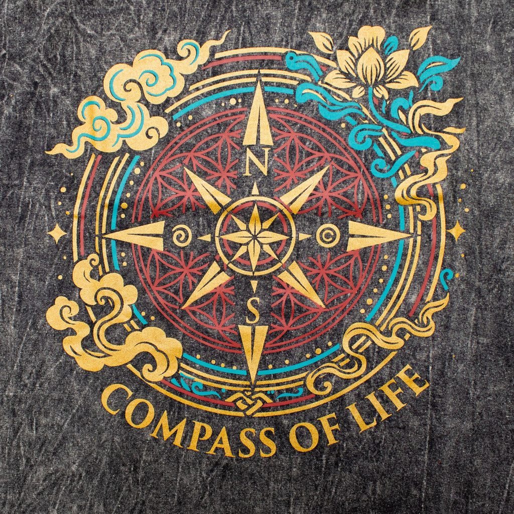 Nomad Sari Stonewashed Cotton T-Shirt - Compass of Life - Charcoal - Medium