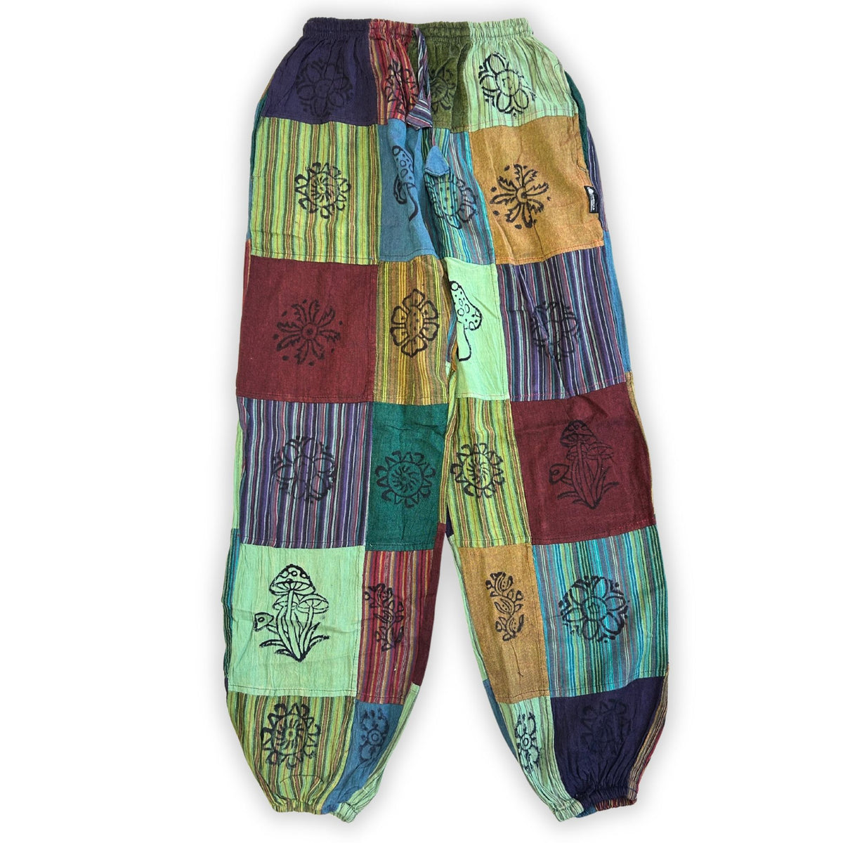 Nomad Sari - Mushroom Pants - Block Print Designs -Green Tones S/M